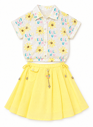 Playful yellow skirt and floral top set for girls