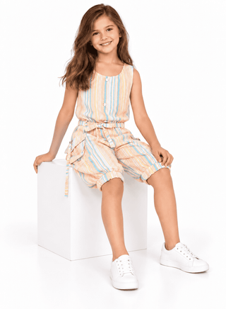 Playful peach striped jumpsuit with tie-waist for girls