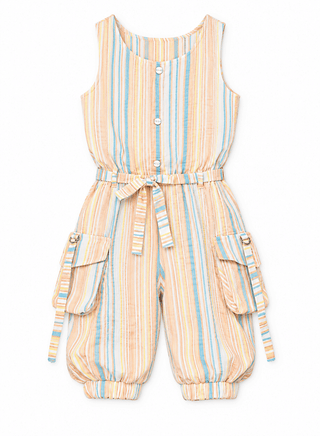 Playful peach striped jumpsuit with tie-waist for girls