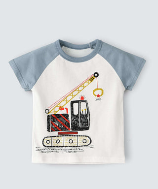 Babyqlo Crane truck printed white t-shirt with grey sleeve for little boys