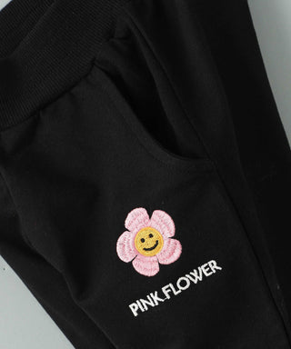 Babyqlo Pink flower emboridery black lounge pants for girls