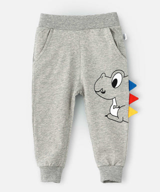 Babyqlo Dino feature with colourful spikes cotton lounge pants for boys - grey
