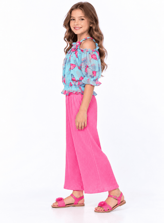 Stylish floral print top and pink culottes for girls