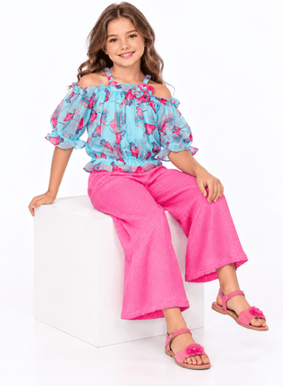 Stylish floral print top and pink culottes for girls