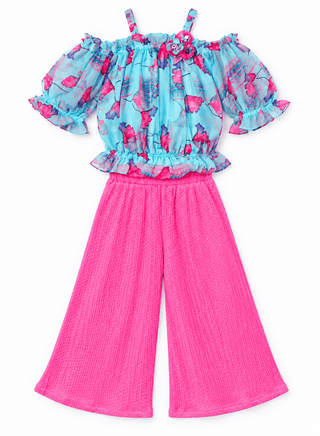 Stylish floral print top and pink culottes for girls