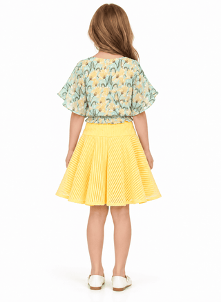 Stylish floral print top with pleated yellow skirt