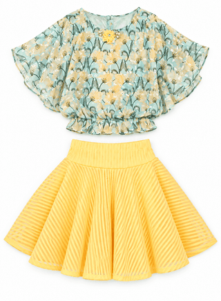Stylish floral print top with pleated yellow skirt