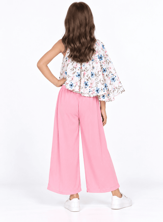 Trendy floral asymmetrical top with pink pleated pants