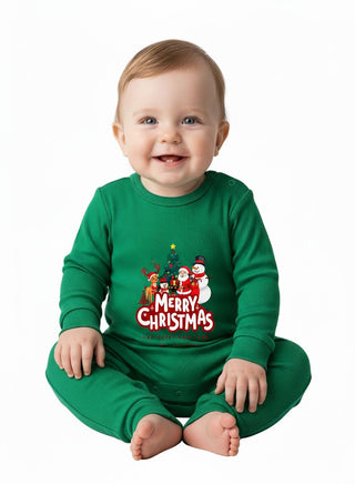 Merry Christmas Family Print Baby Romper in Green