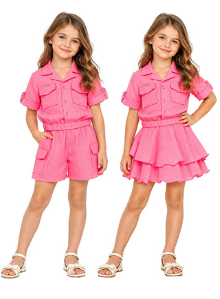 Adorable pink three-piece set with skirt and shorts