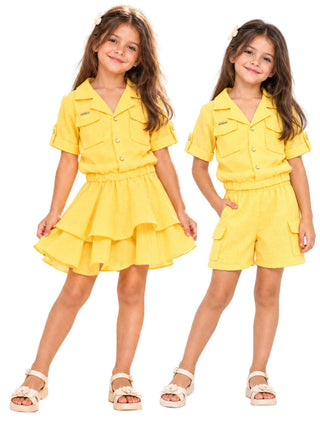 Versatile yellow three-piece set with skirt and shorts