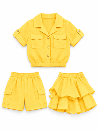 Versatile yellow three-piece set with skirt and shorts