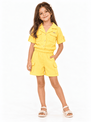 Versatile yellow three-piece set with skirt and shorts