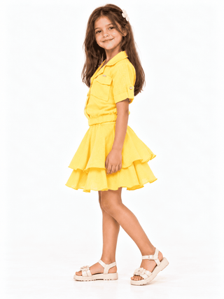 Versatile yellow three-piece set with skirt and shorts