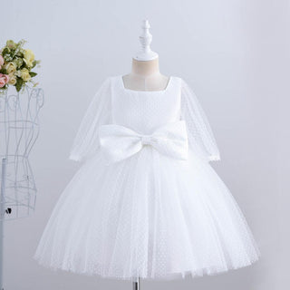 Princess Ball Gown knee length dress with bow for girls - White