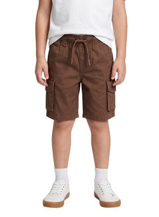 Boy wearing navy blue cargo shorts with an elastic drawstring waist and side utility pockets for ages 9 months to 7 years.