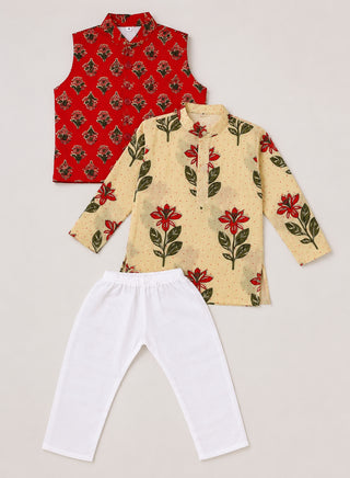Flat lay of boys cream floral printed kurta, red floral Nehru jacket and white pajama ethnic wear set for kids aged 1–10 years.
