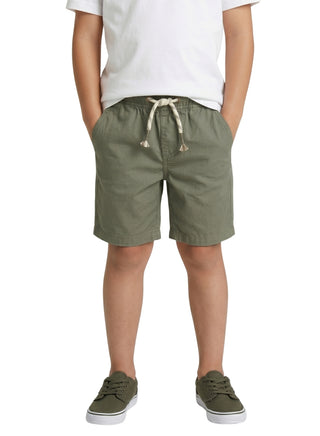 Boy wearing navy blue cargo shorts with an elastic drawstring waist and side utility pockets for ages 9 months to 8 years.