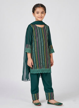 Girl wearing a green floral embroidered kurta with matching palazzo pants and chiffon dupatta ethnic wear set for kids aged 4–12 years.