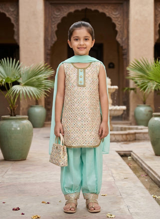 Girl wearing a mint green embroidered sleeveless kurta with matching Patiala salwar and chiffon dupatta ethnic wear set for kids aged 4–12 years.
