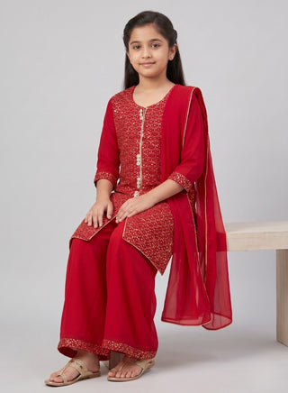 Girl wearing a teal embroidered kurta with matching palazzo pants and chiffon dupatta ethnic wear set for kids aged 4–12 years.