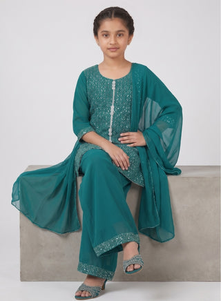 Girl wearing a teal embroidered kurta with matching palazzo pants and chiffon dupatta ethnic wear set for kids aged 4–12 years.