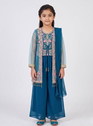 Girl wearing a teal embroidered sleeveless top with matching embroidered jacket, palazzo pants, and chiffon dupatta ethnic wear set for kids aged 4–12 years.
