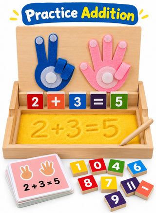 Child practicing number writing in yellow sand tray