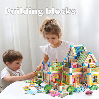 Cookieducks Villa building wooden block educational toys construction set of 128 pcs toys for kids