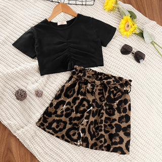 Plain balck short top with leapord printed shorts set for girls