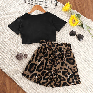 Plain balck short top with leapord printed shorts set for girls