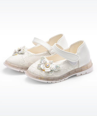 Flower Applique Party Shoe Ballerinas for Girls - white