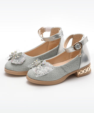 Bow Applique Party Shoe Ballerinas for Girls - Silver