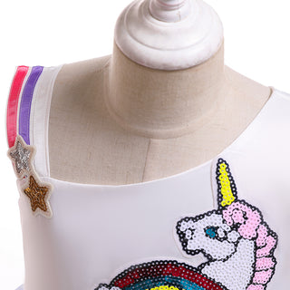 Sequins Rainbow Unicorn feature Sleeveless Dress for Girls- White