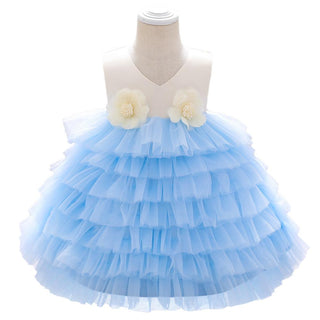Babyqlo Flower Embellished Sleeveless Tiered Ruffle Party dress for Girls - Sky