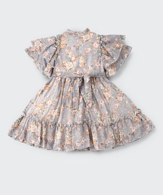 Pearl sleeves frill partywear dress for Girls - Multicolor