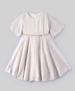 Checks print Dress with pearl belt for Girls - White