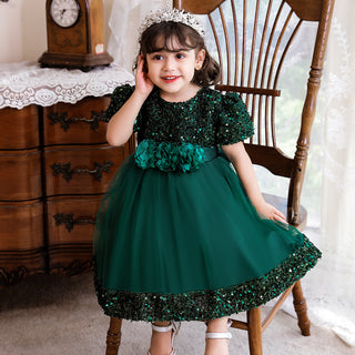 Sequin feature knee length party dress for little girls - Green