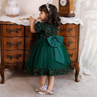 Sequin feature knee length party dress for little girls - Green