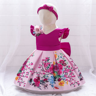 Floral Printed knee length party dress with headband for girls
