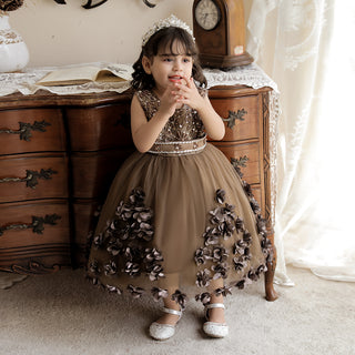 Stone and pearl work cut flower party dress for little one- Coffee