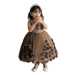 Stone and pearl work cut flower party dress for little one- Coffee