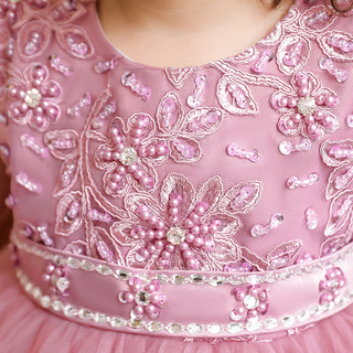 Stone and pearl work cut flower party dress for little one- Pink