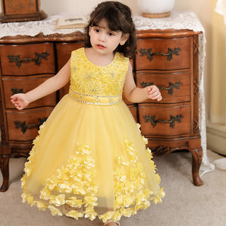 Stone and pearl work cut flower party dress for little one- Yellow