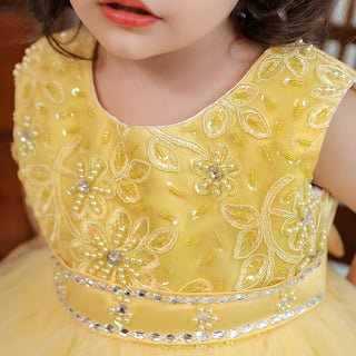 Stone and pearl work cut flower party dress for little one- Yellow