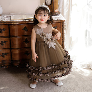 Lace and Sequins Knee Length Party Dress For Girls - Coffee