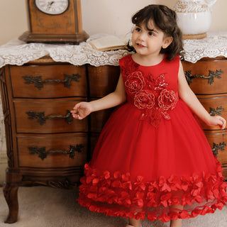 Lace and Sequins Knee Length Party Dress For Girls - Red