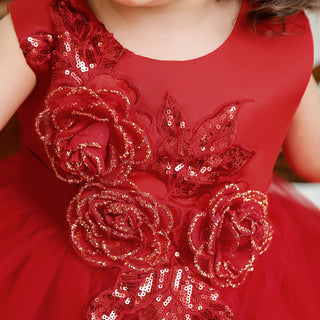 Lace and Sequins Knee Length Party Dress For Girls - Red