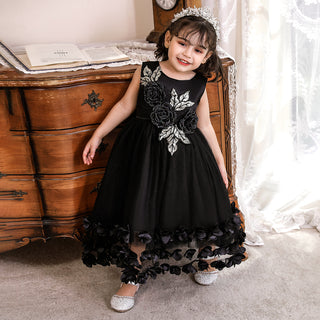 Lace and Sequins Knee Length Party Dress For Girls - Black