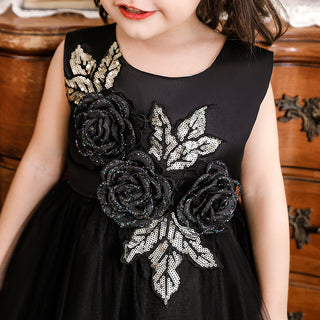 Lace and Sequins Knee Length Party Dress For Girls - Black